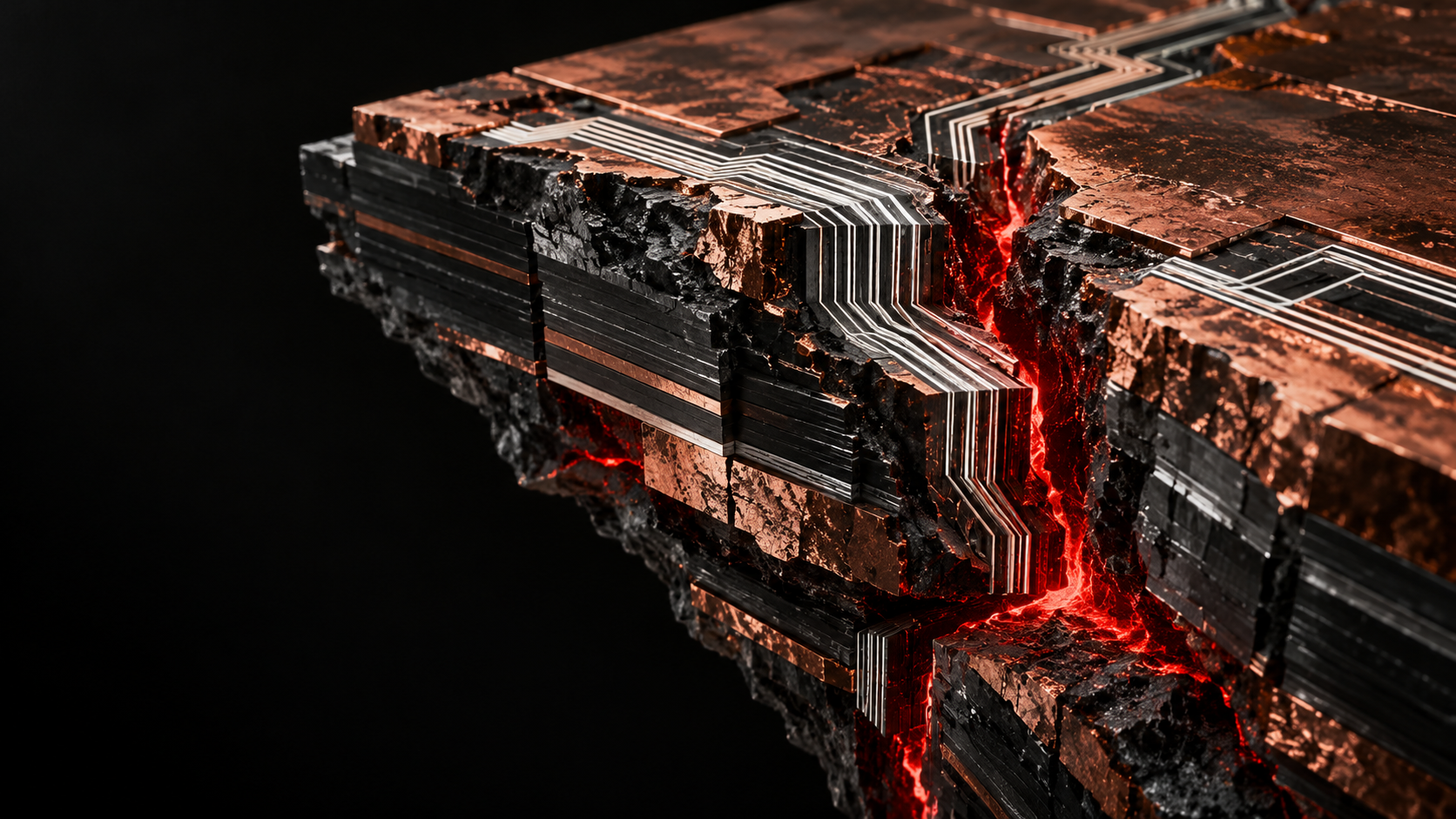 Fractured copper and silicon strata.