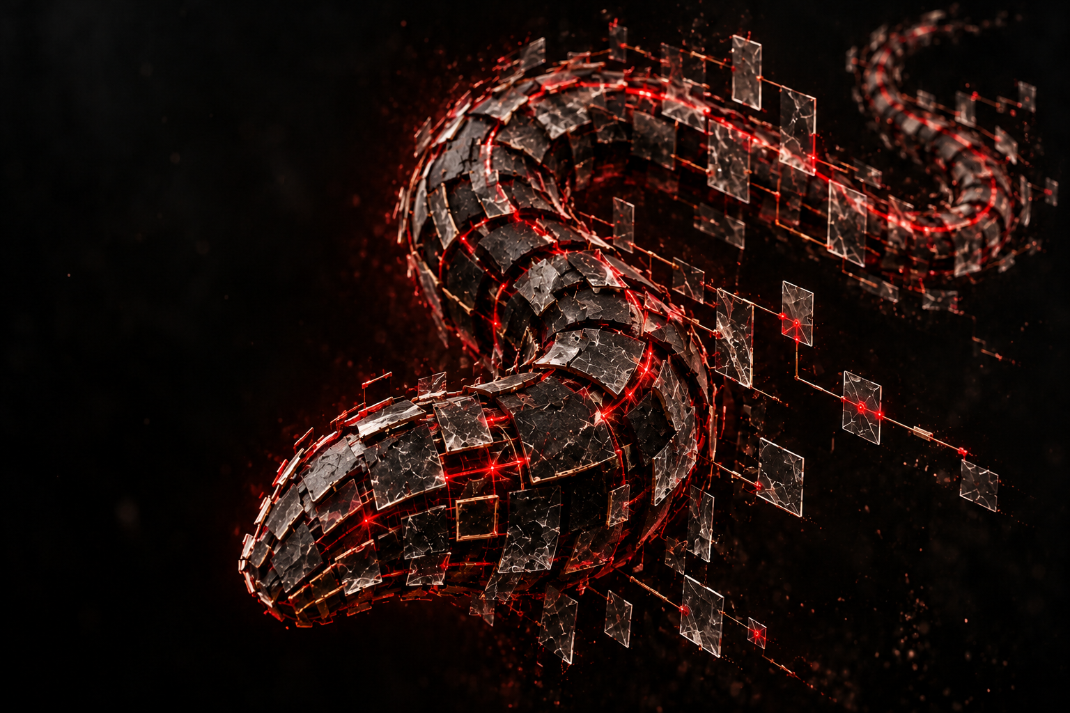 An articulated computer worm of smoked glass memory blocks, with a crimson signal running through its segmented spine.